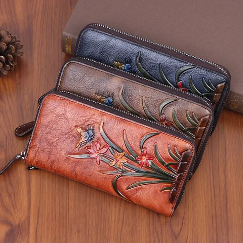 Women's Flower Leather Zipper Wallets