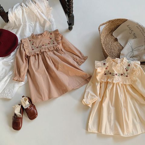French Embroidery Flower Stand Collar Girls' Dress 2023 Autumn Ruffled Long Sleeve Girls Princess Skirt Wholesale