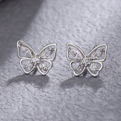 1 Pair Elegant Butterfly Plating Inlay Sterling Silver Zircon Ear Studs