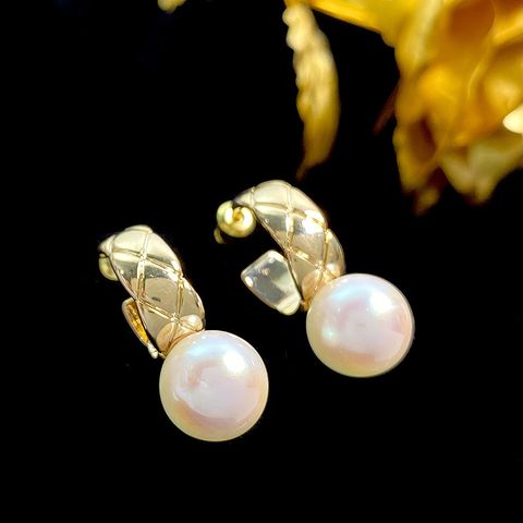 1 Pair Lady Round Imitation Pearl Sterling Silver Copper Drop Earrings