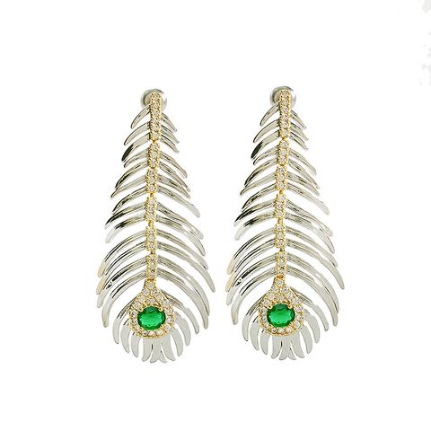 1 Pair Ig Style Feather Inlay Copper Zircon Drop Earrings