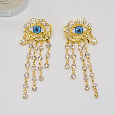Wholesale Jewelry Elegant Devil's Eye Tassel Alloy Artificial Rhinestones Pearl Plating Inlay Drop Earrings
