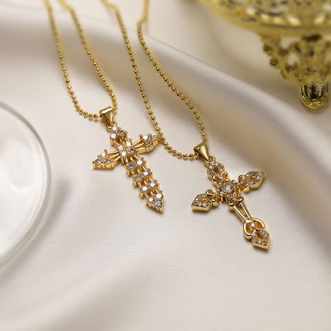 Einfacher Stil Pendeln Kreuzen Kupfer Überzug Inlay Zirkon 18 Karat Vergoldet Halskette Mit Anhänger