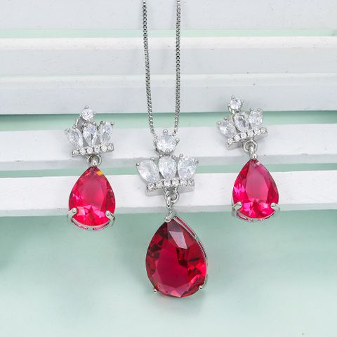 Ig Style Water Droplets Crown Copper Plating Inlay Artificial Gemstones Zircon Earrings Necklace