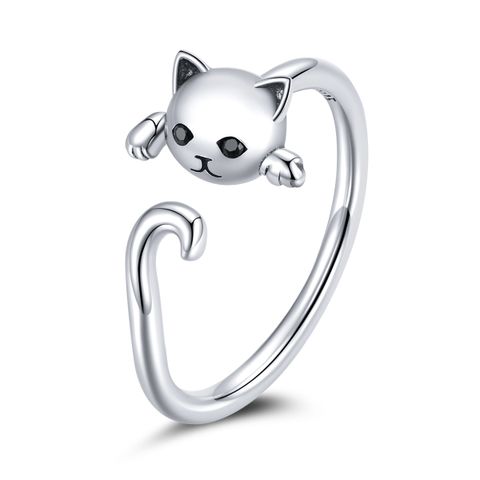 Casual Cute Cat Sterling Silver Inlay Zircon Open Rings