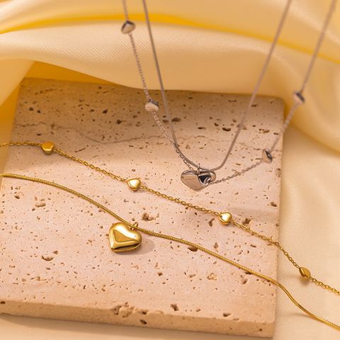 Edelstahl 304 18 Karat Vergoldet Vintage-Stil Einfacher Stil Pendeln Polieren Überzug Herzform Doppellagige Halsketten