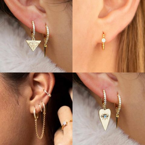 1 Pair Elegant Triangle Devil's Eye Heart Shape Plating Inlay Copper 3a Zircon 14k Gold Plated Drop Earrings