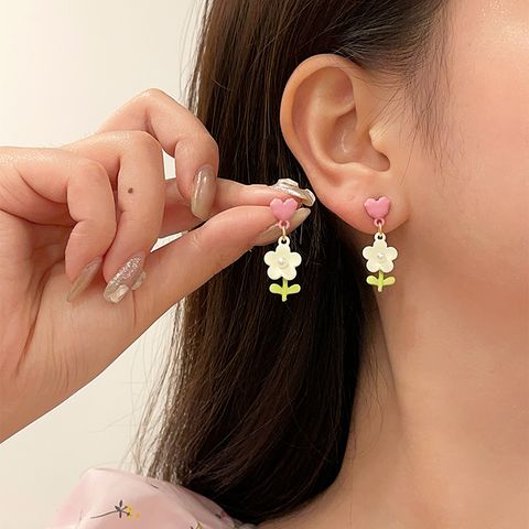 1 Pair Cute Sweet Flower Stoving Varnish Inlay Alloy Artificial Pearls Drop Earrings