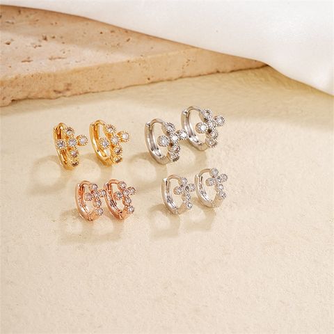 1 Pair Casual Classic Style Cross Copper Zircon K Gold Plated Rhodium Plated Hoop Earrings