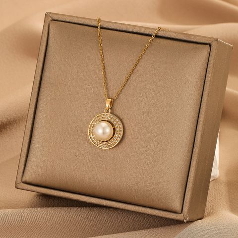 Elegant Round Copper Artificial Pearls 18k Gold Plated Pendant Necklace