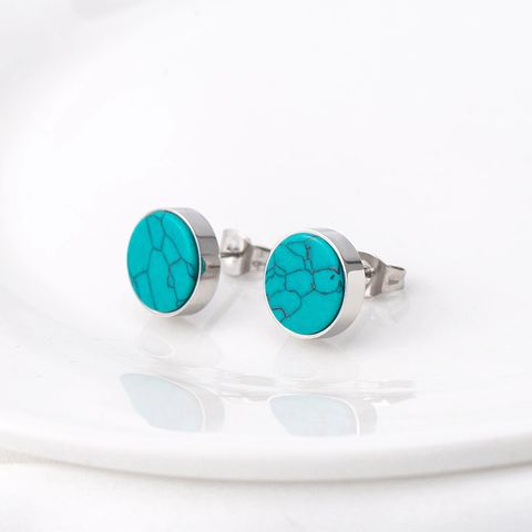 1 Pair Retro Simple Style Round Polishing Inlay 304 Stainless Steel Turquoise Ear Studs
