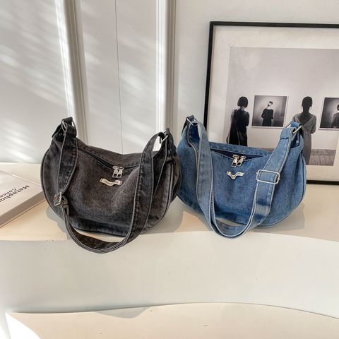 Women's Denim Solid Color Classic Style Square Zipper Shoulder Bag