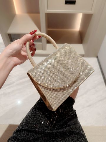 Gold Silver Black Polyester Solid Color Rhinestone Square Evening Bags