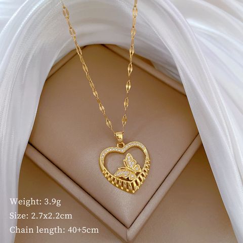 Wholesale IG Style Shiny Heart Shape Butterfly Titanium Steel Copper Hollow Out Inlay Zircon Pendant Necklace
