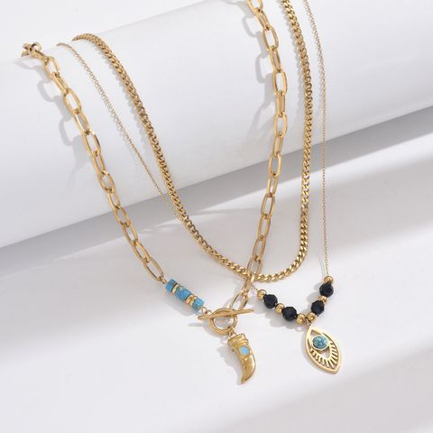 304 Stainless Steel Vacation Ethnic Style Enamel Plating Inlay Horns Eye Turquoise Resin Necklace