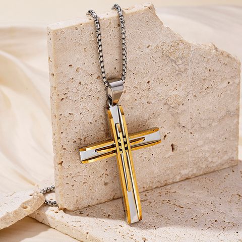 Hip-Hop Retro Cross Round Square 304 Stainless Steel Women's Pendant Necklace