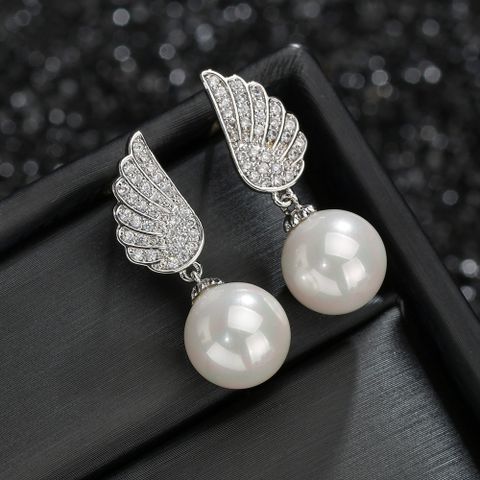 1 Pair Elegant Simple Style Wings Copper Alloy Pearl Zircon Drop Earrings