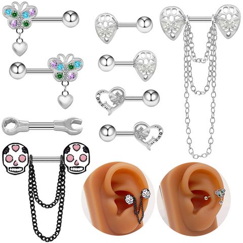 1 Piece Ear Cartilage Rings & Studs Fashion Heart Shape Butterfly Skull Stainless Steel Copper Plating Inlay Rhinestones White Gold Plated