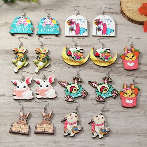 1 Pair Casual Cute Rabbit Painted Wood Silver Plated Drop Earrings