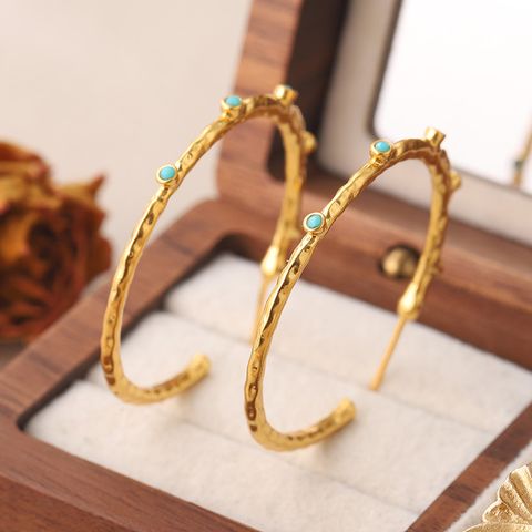 1 Pair Retro Simple Style Round Plating Inlay Copper Turquoise 18k Gold Plated Hoop Earrings