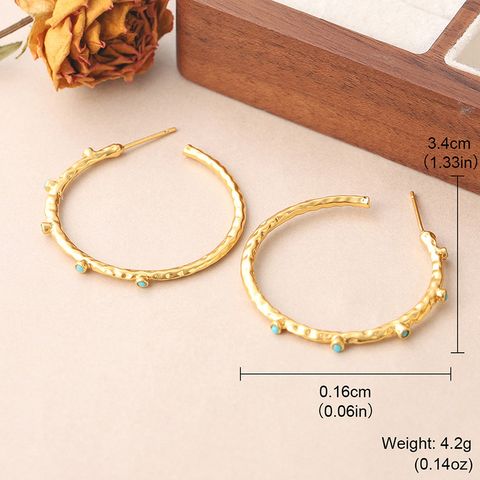 1 Pair Retro Simple Style Round Plating Inlay Copper Turquoise 18k Gold Plated Hoop Earrings