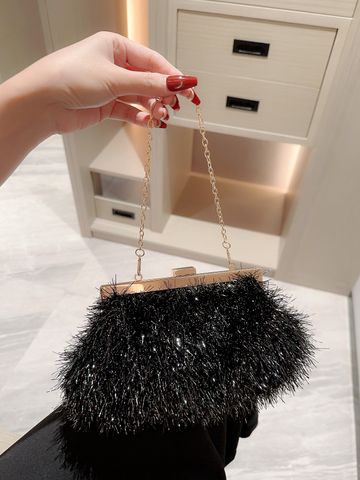 Black Pu Leather Solid Color Sequins Square Tassel Evening Bags