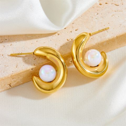 1 Pair Elegant Simple Style C Shape Plating Inlay Stainless Steel Artificial Pearls 18K Gold Plated Ear Studs