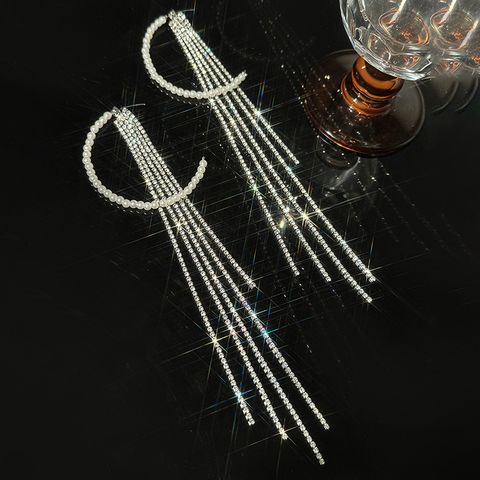 1 Pair Elegant Luxurious C Shape Tassel Inlay Alloy Artificial Rhinestones Artificial Pearls Drop Earrings