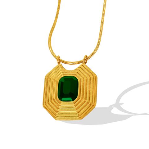 Vintage Style Square Stripe Titanium Steel Plating Inlay Glass Stone 18k Gold Plated Pendant Necklace