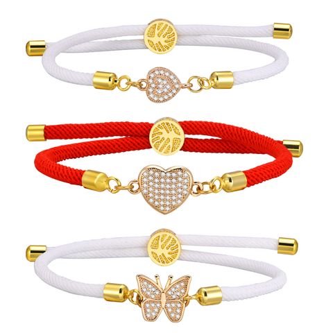 Wholesale Jewelry Simple Style Heart Shape Butterfly Rope Copper Zircon Drawstring Bracelets