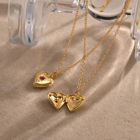 Simple Style Heart Shape Copper Inlay Zircon 18k Gold Plated Locket Necklace