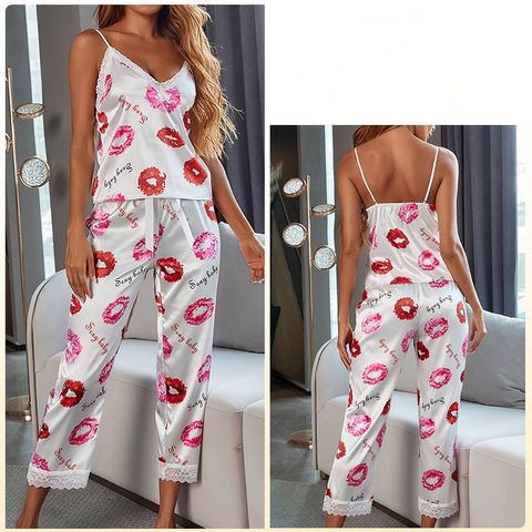 Home Daily Women's Elegant Lady Stripe Imitated Silk Nylon Pants Sets Pajama Sets