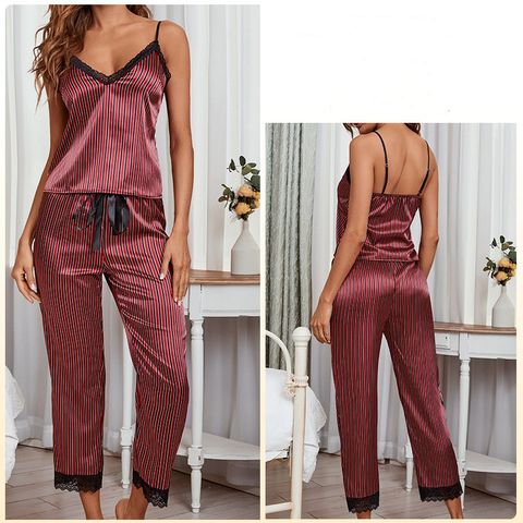Home Daily Women's Elegant Lady Stripe Imitated Silk Nylon Pants Sets Pajama Sets
