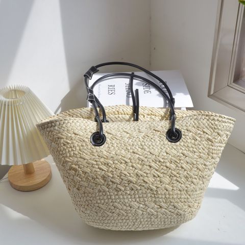 Women's Large Straw Solid Color Basic Square Open Straw Bag