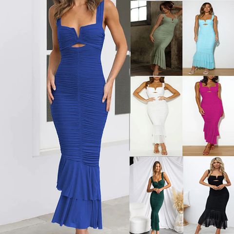 Women's Sheath Dress Regular Dress Elegant U Neck Zipper Sleeveless Solid Color Maxi Long Dress Daily