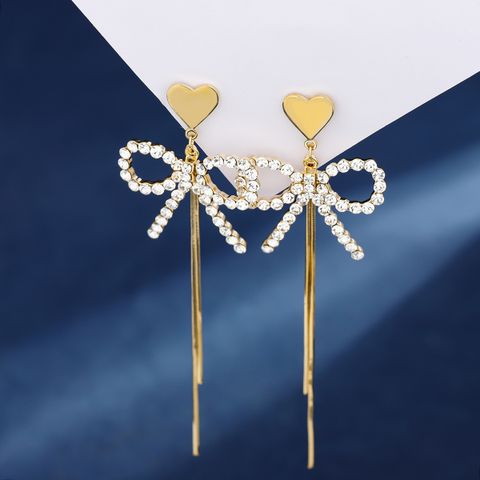 1 Pair IG Style Simple Style Tassel Bow Knot Plating Inlay Copper Drop Earrings
