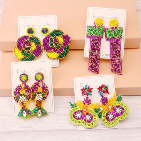 1 Pair Retro Exaggerated Commute Letter Asymmetrical Handmade Inlay Stainless Steel Cloth Rhinestones Beads Drop Earrings