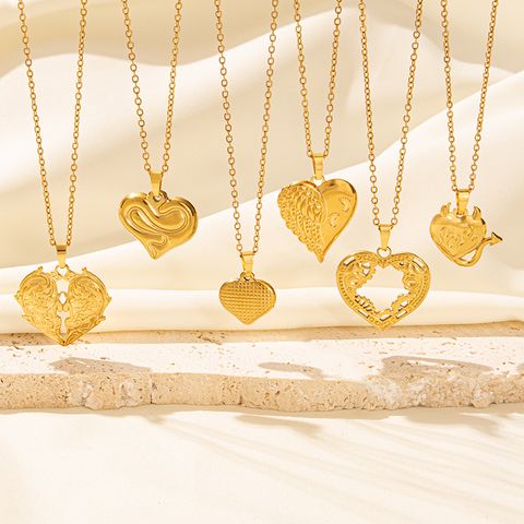 Elegant Simple Style Heart Shape Wings Stainless Steel Plating Hollow Out 18k Gold Plated Pendant Necklace