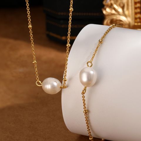 Ethnic Style Simple Style Pearl Sterling Silver Plating White Gold Plated Gold Plated Women's Bracelets Necklace Jewelry Set