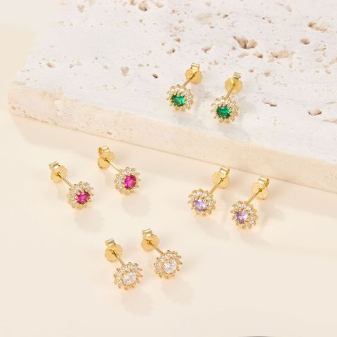 1 Pair Simple Style Sunflower Plating Inlay Sterling Silver Zircon 18k Gold Plated Ear Studs