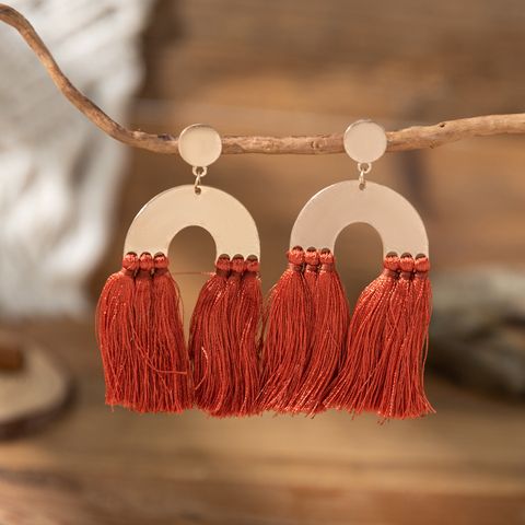 1 Pair Bohemian U Shape Tassel Wood Dangling Earrings