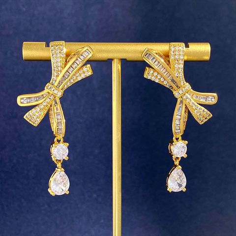 1 Pair Commute Shiny Water Droplets Bow Knot Inlay Copper Diamond Drop Earrings