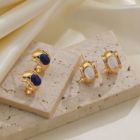 1 Pair Classical Round Plating Inlay Copper Shell Lapis Lazuli 18k Gold Plated Ear Studs