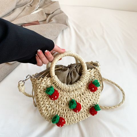 Women's Medium Straw Strawberry Cute Semicircle Zipper Handbag