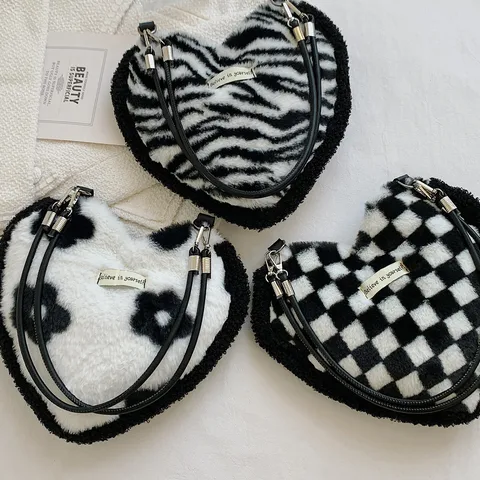 Women's Small Plush Zebra Flower Checkered Streetwear Heart-shaped Magnetic Buckle Underarm Bag