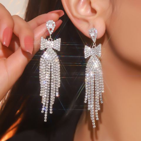 1 Pair Luxurious Shiny Tassel Bow Knot Inlay Alloy Rhinestones Drop Earrings