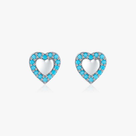 1 Pair Retro Simple Style Heart Shape Inlay Sterling Silver Turquoise Ear Studs