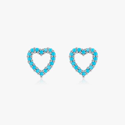 1 Pair Simple Style Heart Shape Hollow Out Inlay Sterling Silver Turquoise Ear Studs