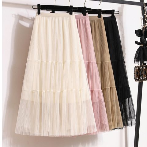 Summer Spring Autumn Casual Retro Solid Color Polyester Midi Dress Skirts