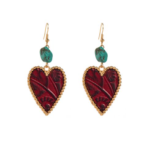 1 Pair Elegant Vintage Style Heart Shape Plating Inlay Alloy Artificial Leather Turquoise Drop Earrings